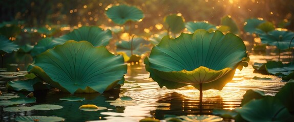 Leinwandbilder - Majestic Amazon water lily leaves floating gracefully in a serene pond illuminated by golden sunlight.