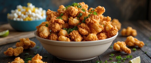 Poster - Crispy Deep Fried Popcorn Chicken Bowl with Fresh Ingredients Served on Rustic Wooden Table