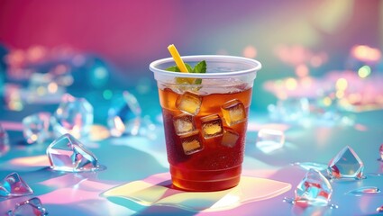 Poster - Refreshing iced tea in a disposable cup with ice cubes and mint, set against a vibrant and colorful background, ideal for summer promotions.