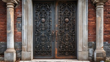 Poster - ornate iron and steel double doors with intricate designs and aged bricks in an urban architectural setting