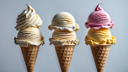 Poster - Delicious Ice Cream Cones with Multiple Flavors Ready to Enjoy on a Bright White Background