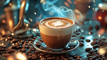 Poster - Cappuccino coffee latte with delicate foam art surrounded by coffee beans and warm ambiance creating a cozy atmosphere