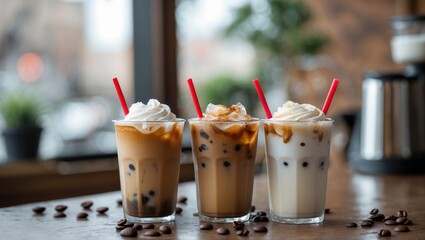 Poster - Iced Latte Coffee Varieties in Clear Glasses with Whipped Cream and Straws on a Wooden Table with Coffee Beans Decor