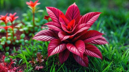 Leinwandbilder - Vibrant red Coleus plant thriving among lush green grass in a garden setting showcasing its unique foliage and ornamental appeal.