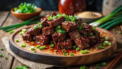 Aufkleber - Delicious Beef BBQ Dish Garnished with Sesame Seeds and Fresh Green Onions Served on a Wooden Platter with Sauce and Side Ingredients