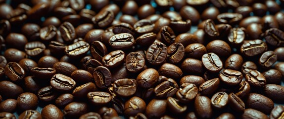 Poster - Scattered roasted coffee beans textured background showcasing their rich color and natural variations in shape and size.