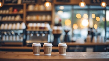 Poster - Coffee shop ambiance with blurred background and bokeh effect showcasing takeaway cups on a wooden table inviting warm social gatherings.