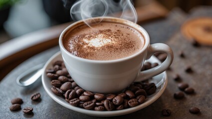 Poster - Steaming hot mocha coffee in a white cup surrounded by roasted coffee beans on rustic wooden table
