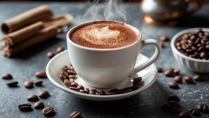 Poster - Hot mocha with latte art in a white cup surrounded by coffee beans on a stylish table setting. Steam rising adds warmth to the scene.