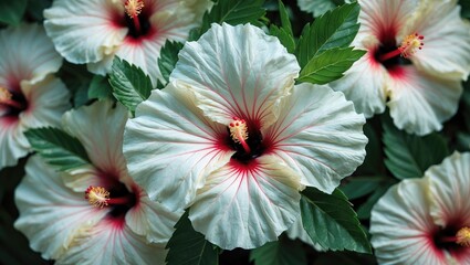 Aufkleber - Vibrant White Hibiscus Flower with Red Accents Surrounded by Green Leaves Ideal for Decorative Background or Text Overlay Usage