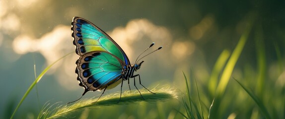 Poster - Vibrant blue butterfly perched on green grass showcasing natural beauty in a serene environment, symbolizing tranquility and nature's elegance.
