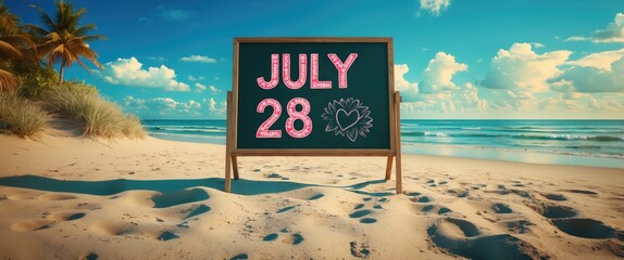 Aufkleber - Chalkboard sign displaying July 28 on a sunny beach with palm trees and ocean waves creating a vibrant summer atmosphere