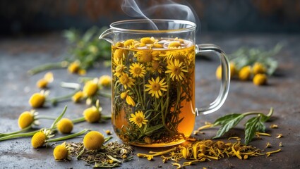 Poster - Steaming Herbal Chamomile Tea in Glass Pot Surrounded by Fresh Flowers and Leaves on Textured Background with Copy Space for Branding