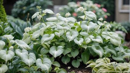 Leinwandbilder - Lush Hostas with White Flowers in a Garden Setting Featuring Ample Copy Space for Text Overlay