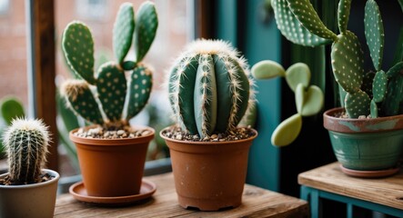 Aufkleber - Greenhouse Arrangement of Various Cacti in Decorative Pots Captured on a Sunlit Windowsill