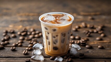 Aufkleber - Iced coffee cup with ice and coffee beans on wooden table showcasing refreshing beverage and space for text or branding