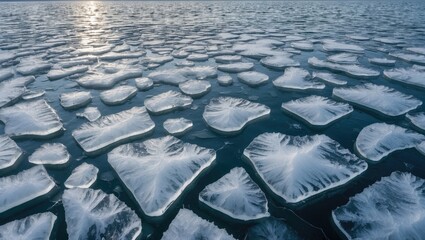 Leinwandbilder - Intricate ice patterns on a frozen lake surface reflecting sunlight in a serene winter landscape.