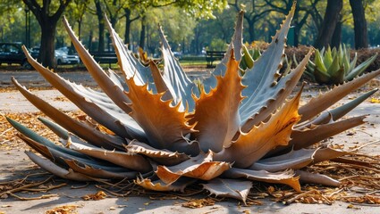 Poster - Vibrant park scene featuring large dried aloe leaves showcasing intricate textures and organic forms amidst autumn foliage.