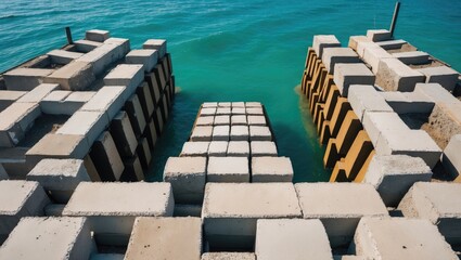 Aufkleber - High angle view of a breakwater made from interlocking concrete blocks extending into clear turquoise waters against a sunny backdrop.