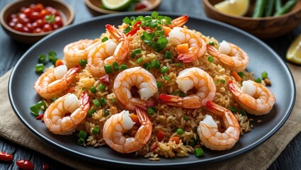Poster - Deliciously plated homemade fried rice topped with succulent shrimp and garnished with green onions and fresh lime slices