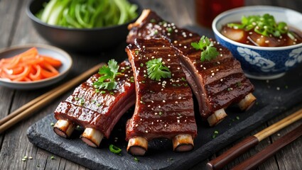 Aufkleber - Grilled Korean Beef Ribs Served with Vegetables and Dipping Sauce on Rustic Wooden Table