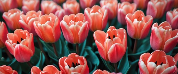 Poster - Closeup of vibrant living coral holland tulips creating a stunning floral background perfect for postcards and artistic patterns.