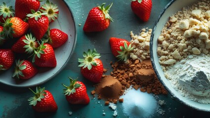 Aufkleber - Ingredients for Crunchy Crumble with Strawberries Flour Brown Sugar Corn Starch Cinnamon and Sugar on a Rustic Table for Baking
