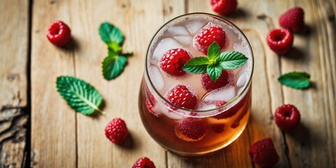 Aufkleber - Refreshing Iced Tea Infused with Raspberries and Mint Surrounded by Fresh Berries on Rustic Wooden Table with Blank Space for Text