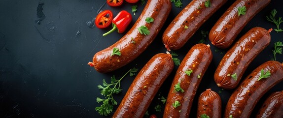 Poster - Homemade Spicy Sausages Decorated with Fresh Herbs and Peppers on a Dark Textured Background