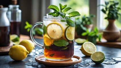 Poster - Refreshing Iced Black Tea with Lemon, Mint and Lime served in a glass pitcher on a kitchen table, perfect summer beverage for gatherings.