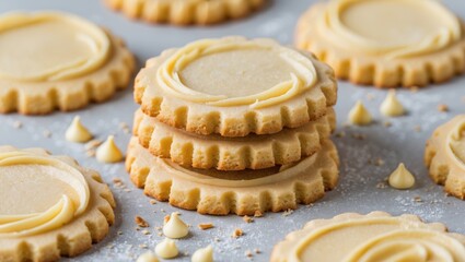 Poster - Delicious homemade butter cookies with creamy frosting arranged on a light surface perfect for baking or dessert themed projects.