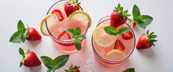 Poster - Refreshing Strawberry Lemonade with Mint in Clear Glasses Surrounded by Fresh Strawberries on a Bright White Background