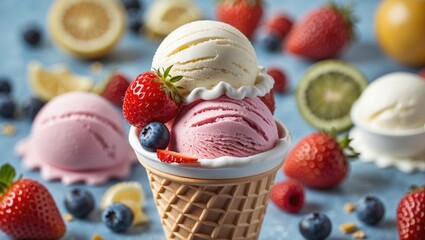 Aufkleber - Delicious Ice Cream Cone with Fresh Fruits on a Blue Background Ideal for Summer Promotions and Dessert Menus