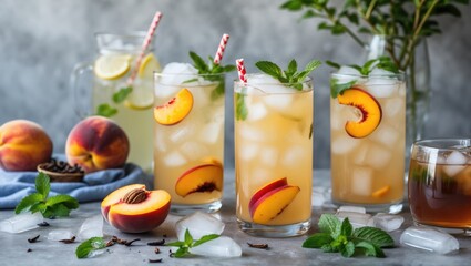 Poster - Refreshing Peach Lemonade with Mint and Ice in Elegant Glasses Perfect for Summer Beverage Ideas and Enjoying Warm Weather.