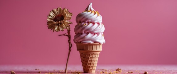Aufkleber - Ice cream cone topped with pink swirled soft serve and a dried flower on a vibrant pink background for a whimsical dessert aesthetic.