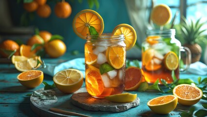 Aufkleber - Fruit-Infused Iced Tea with Oranges and Lemons in Vibrant Summer Setting