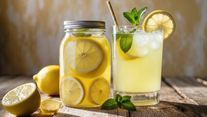 Aufkleber - Fresh Homemade Lemonade in Jar and Glass with Lemon Slices and Mint on Rustic Wooden Table