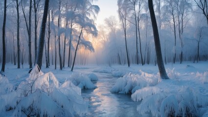 Aufkleber - Winter Wonderland: Tranquil Icy Forest Landscape at Dawn with Frosted Trees and Gentle Stream Reflecting Soft Morning Light