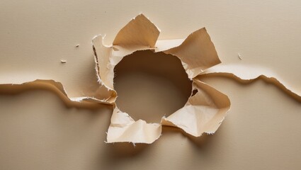 Fototapete - Torn paper hole with frayed edges revealing blank background for creative design and visual effects.