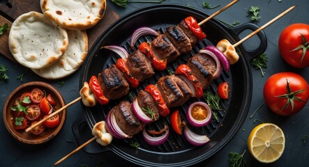 Poster - Grilled Kebab Skewers with Fresh Vegetables and Pita Bread on Dark Rustic Background Ideal for Food Menus or Culinary Promotions