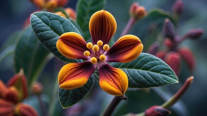 Poster - Vibrant close-up of an Indian clove flower showcasing intricate petal details and lush green leaves in a natural setting.