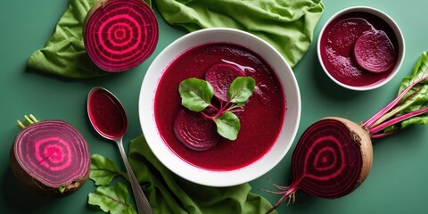 Poster - Colorful Beetroot Soup with Fresh Ingredients in White Bowl on Green Background Healthy Vegetarian Food Top View with Copy Space