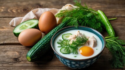 Poster - Fresh Ingredients for Traditional Yogurt Cold Soup Including Chicken, Eggs, Cucumbers, and Dill Arranged Beautifully on Rustic Wooden Table.