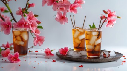 Aufkleber - Refreshing Thai iced tea with ice cubes served in glasses, garnished with flowers on a platter, perfect for summer or beverage promotions.