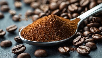 Poster - Instant coffee granules in a spoon surrounded by roasted coffee beans on a dark surface showcasing rich textures and colors.