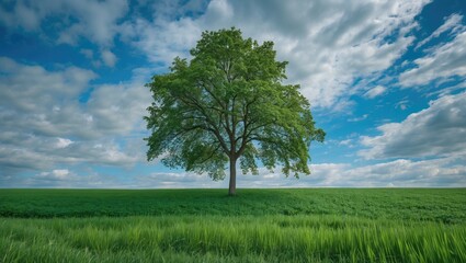 Aufkleber - Lush Green Field with Majestic Isolated Tree Underneath Expansive Blue Sky and Fluffy Clouds