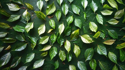Poster - Arrangement of Varied Ketapang Leaves on a Green Surface in Natural Light for Botanical and Textural Backgrounds