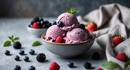 Poster - Homemade Organic Rice Berry Ice Cream with Fresh Berries in a Bowl Healthy Dessert Composition and Text Space for Branding