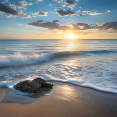 Wall Mural - A tranquil beach at dusk with soft waves and the sound of seagulls in the distance.