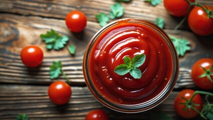 Poster - Fresh tomato sauce in a glass jar garnished with herbs on rustic wooden surface surrounded by cherry tomatoes and green leaves